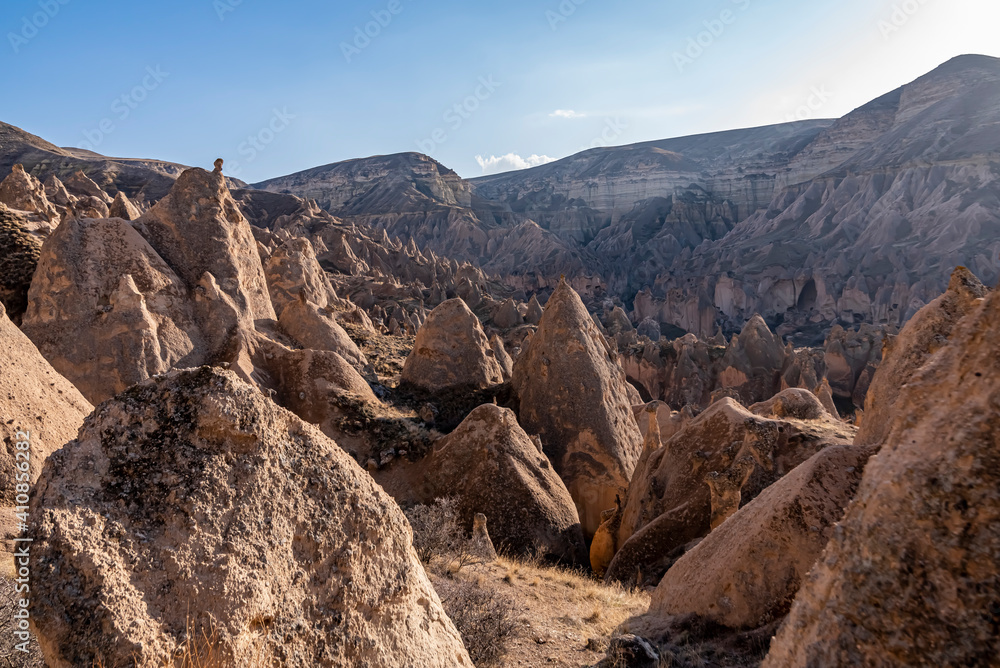 Beautiful historical and touristic places in Zelve valley , fairy chimneys, cave houses, with sun shine Cappadocia, Nevsehir, Turkey