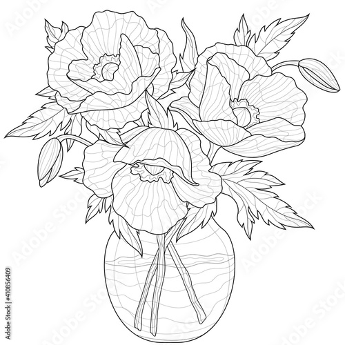Bouquet of poppies in a vase.Coloring book antistress for children and adults. Illustration isolated on white background.Zen-tangle style. Black and white drawing