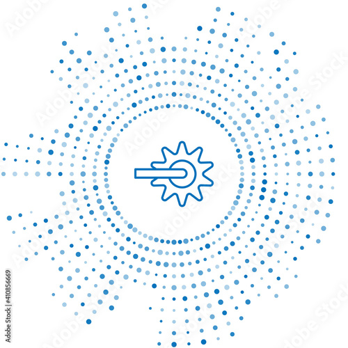 Blue line Cowboy horse riding spur for boot icon isolated on white background. Abstract circle random dots. Vector.