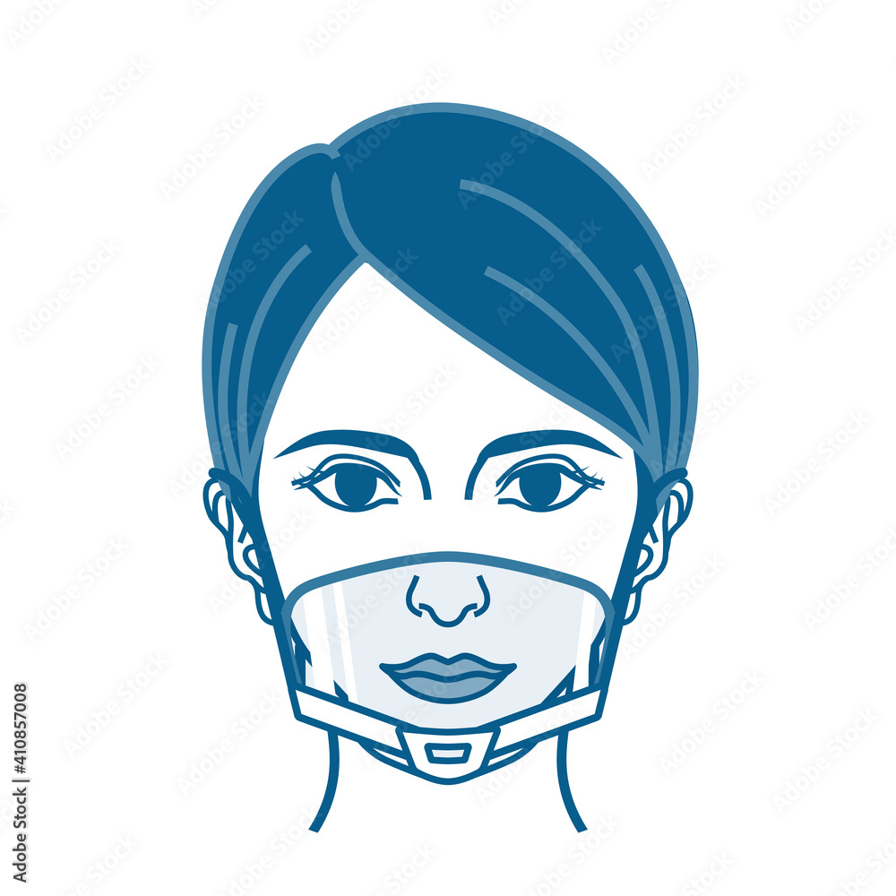 Woman's face wearing a mouth shield - front view, single color