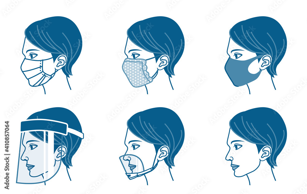 Different Types of Face Masks Woman's face, side view single color