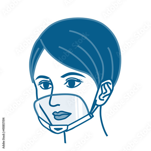 Woman's face wearing a mouth shield - oblique view, single color