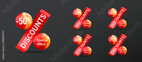 Set od 3d percent signs with hot fire texture, advertising promo design element with discount figures