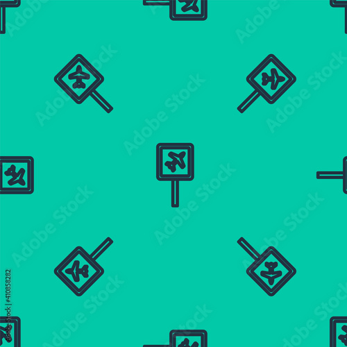 Blue line Airport icon isolated seamless pattern on green background. Vector.