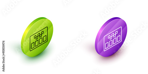 Isometric line Taximeter device icon isolated on white background. Measurement appliance for passenger fare in taxi car. Green and purple circle buttons. Vector.