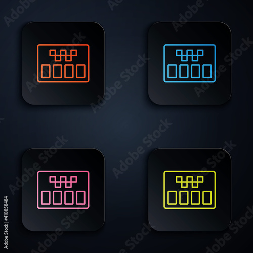 Color neon line Taximeter device icon isolated on black background. Measurement appliance for passenger fare in taxi car. Set icons in square buttons. Vector.