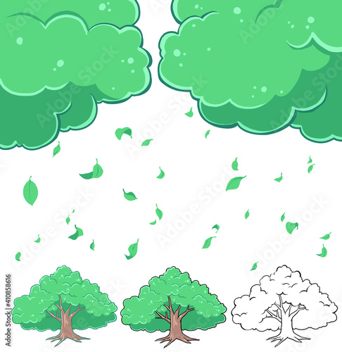 緑の木と葉っぱのカラーイラストと線画