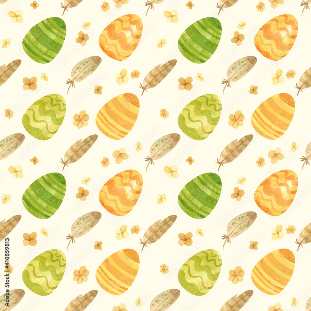 Seamless pattern with Easter eggs, butterflies and spring flowers in a green-orange palette. Rustic style. Watercolor clipart for eco farm products. Seamless pattern with Easter eggs, butterflies and spring flowers in a green-orange palette. Rustic style. Watercolor clipart for eco farm products.