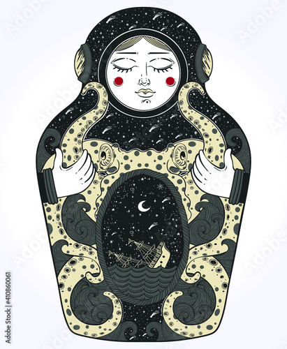The drawing is done in stylization of a nesting doll. The matrioshka doll in a diving-dress has octopus on her body.Octopus is holding a sinking ship in his tentacles. Boho, tattoo art, poster design.