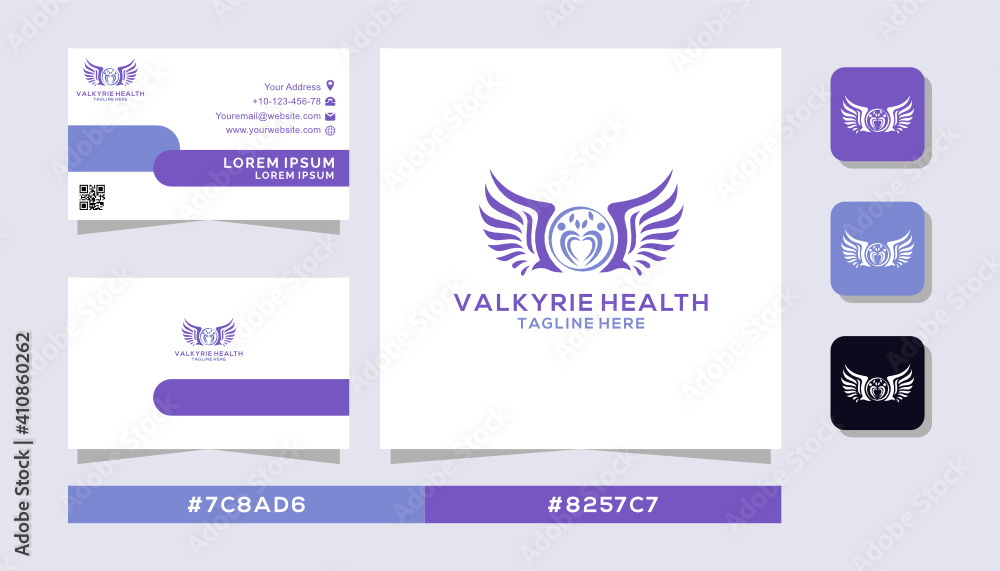 Valkyrie Health logo design simple minimalist with creative double sided business card, minimalist logo and business card design modern purple color