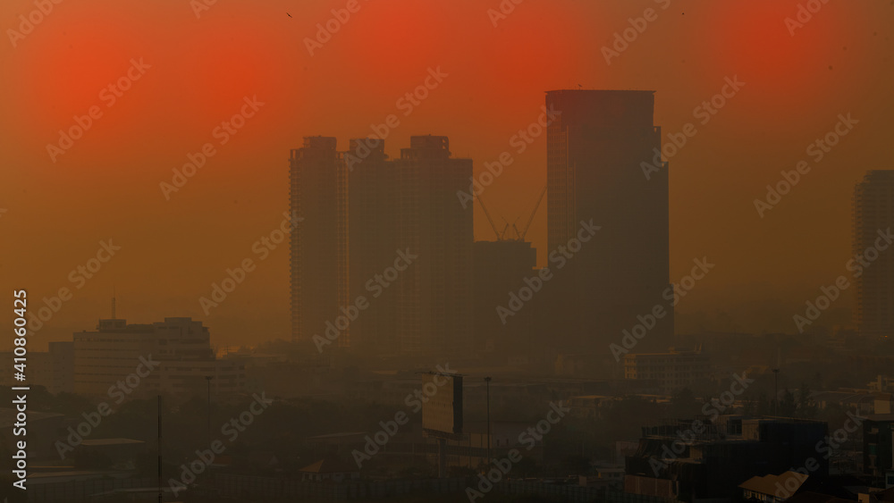 panoramic high-angle evening background of the city view,with natural beauty and blurred sunsets in the evening and the wind blowing all the time,showing the distribution of city center accommodation