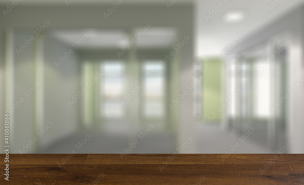 Fototapeta premium Background with empty table. Flooring. Empty modern office Cabinet. Meeting room. 3D rendering.
