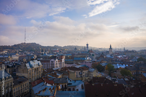 Aerial view on Lviv from drone