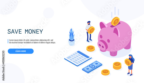 Money saving concept. Users hold coins and stand near the piggy bank. Web banner. Isometric vector illustration.