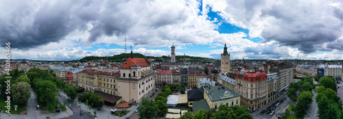  Aerial view on Jesuit Church, City Hall and Latin Cathedral in Lviv, Ukraine from drone