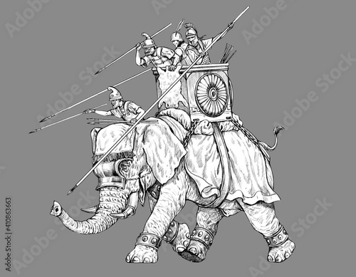 Canvastavla War elephant illustration, army of Carthage. Pencil drawing.