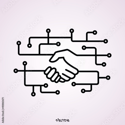 Handshake, circuit board. Digital business linear icon. Thin line illustration. Online partnership and business deal. Contour symbol. Vector isolated outline drawing.
