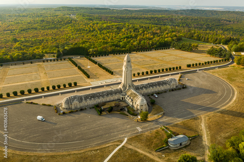 Verdun, France - 16 September 2020: Aerial view of the beautiful and majestic Douaumont Ossuary cemetery in northern region of Lorraine, France photo
