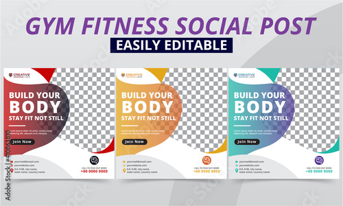 Creative fitness gym social media post editable vector templates for workout studio & club promo kit design. Premium geometric bodybuilding, sports & yoga social media post square layouts banner.
