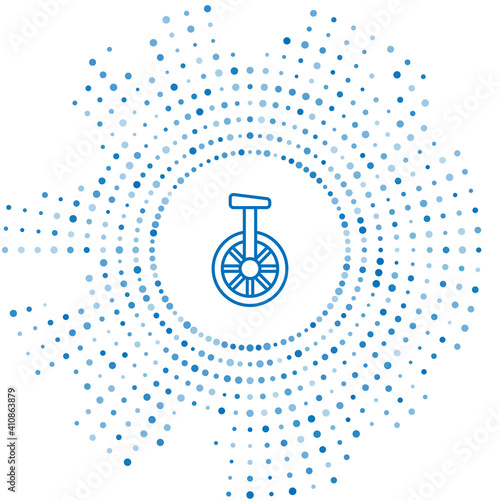 Blue line Unicycle or one wheel bicycle icon isolated on white background. Monowheel bicycle. Abstract circle random dots. Vector.