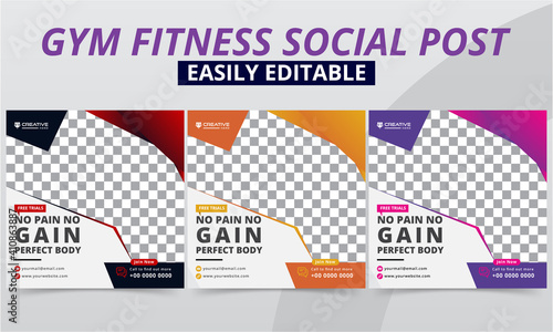 Creative fitness gym social media post editable vector templates for workout studio & club promo kit design. Premium geometric bodybuilding, sports & yoga social media post square layouts banner.