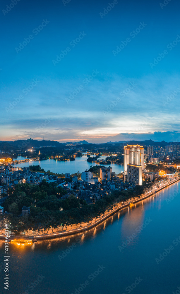 Aerial photograph of night scene of West Lake in Huizhou City, Guangdong Province, China