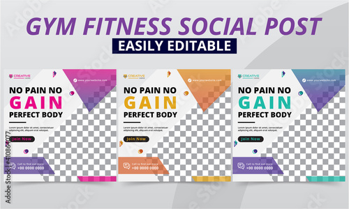 Creative fitness gym social media post editable vector templates for workout studio & club promo kit design. Premium geometric bodybuilding, sports & yoga social media post square layouts banner.