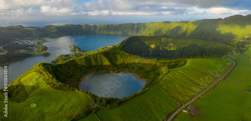 Aerial view of Lagoa Azul lake on San Miguel Island, Azores archipelagos, Portugal.