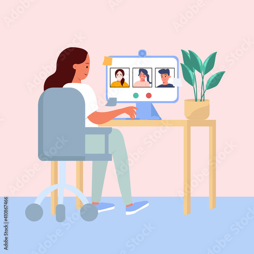 The girl communicates online with colleagues or students or classmates via Skype or zoom, online communication via computer