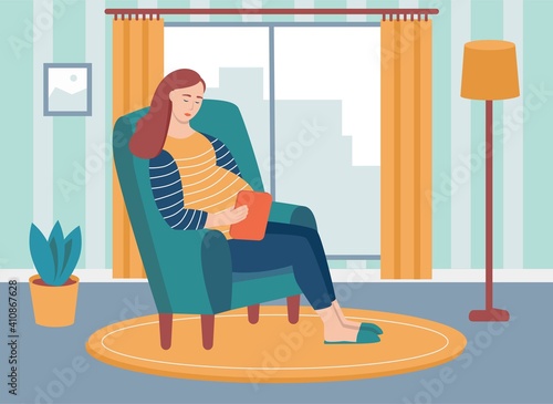 A young pregnant woman sits in a chair and holds a tablet in her hands. The concept of everyday activities and daily life. Flat cartoon vector illustration.