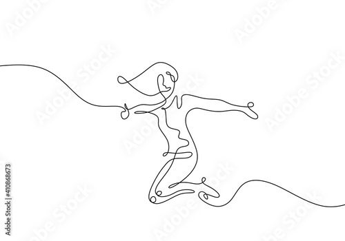 Continuous one line drawing of happy jumping girl