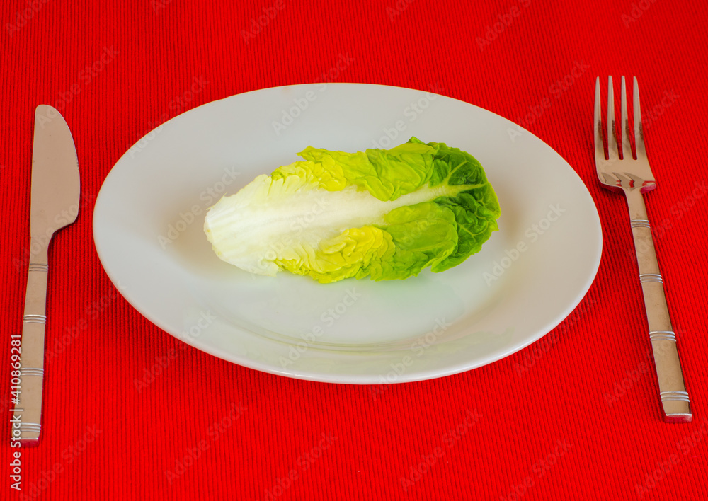 Diet lettuce leaf across a small white plate with knife and fork each side on red table cloth Diet lettuce leaf across a small white plate with knife and fork each side on red table cloth
