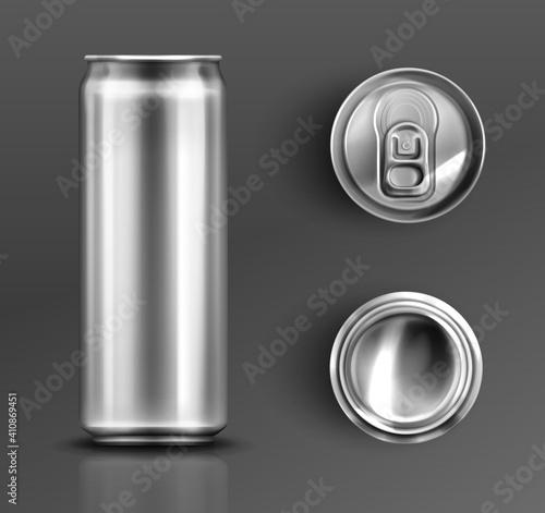Tin can with open key front, top and bottom view set. Cylinder metal jar with lid, silver colored aluminium canister for cold drinks isolated on grey background, Realistic 3d vector icons, clip art