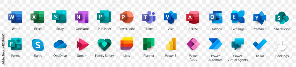 MOSCOW, RUSSIA - FEBRUARY 05, 2021. Full set icons Microsoft 2021