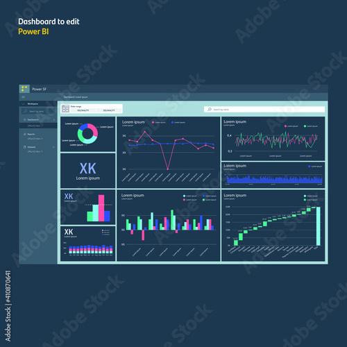 Dashboard with graphs and charts. Power bi analysis. Report to edit. EPS10