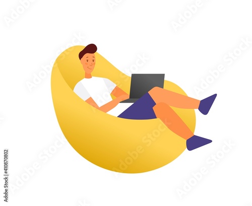 Flat style. Man lies in the chair. Enjoy work from home, comfortable work with a laptop. Vector illustration.