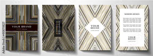 Modern cover design set. Luxury creative line pattern in black, gold, silver and white colors. Vector layout useful for notebook cover, poster, brochure template