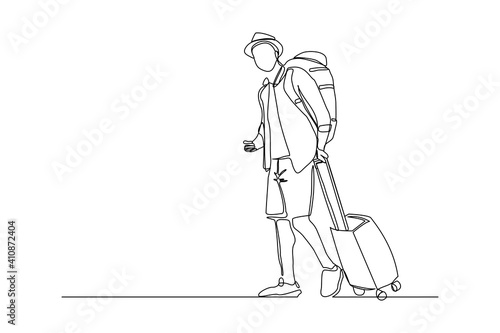 Continuous line drawing of traveler man with luggage. Single one line art concept of tourist walking with suitcase. Vector illustration