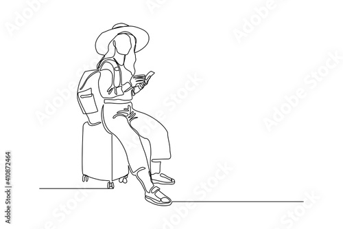 Continuous line drawing of traveler woman sitting with luggage. Single one line art concept of tourist walking with suitcase. Vector illustration