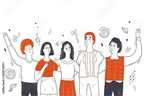 Online party celebration, friendship, social distancing concept. Diverse group of men women friends characters celebrating holiday birthday hug gathering together. Social entertainment illustration.