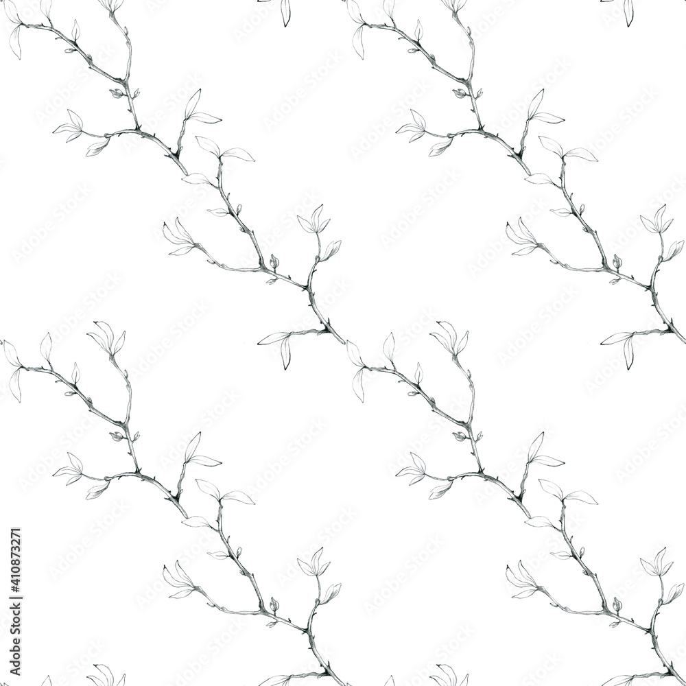 Seamless pattern with hand drawn plant. Botanical background with diagonal branches. Floral backdrop for textile, wrapping paper, packaging. Seamless pattern with hand drawn plant. Botanical background with diagonal branches. Floral backdrop for textile, wrapping paper, packaging.