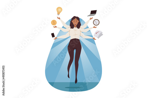 Multitasking, business efficiency, overload concept. Young confident effective overloaded afrcian amercian businesswoman manager leader standing with many hands. Professional competence illustration.
