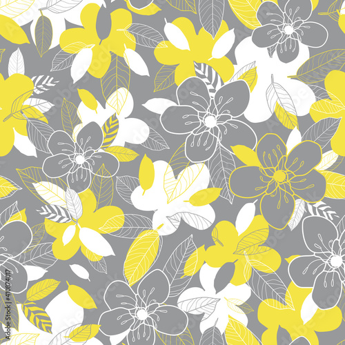 Vector yellow grey flowers leaves seamless pattern