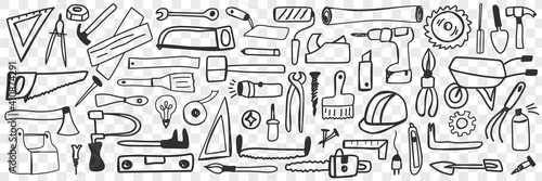 Various tools for repair doodle set. Collection of hand drawn drill hammer saw pliers socket screwdriver isolated on transparent background. Illustration of repairing instruments for workers
