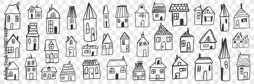 Various houses and buildings doodle set. Collection of hand drawn small one floored houses buildings for living isolated on transparent background. Illustration of architecture and exterior 