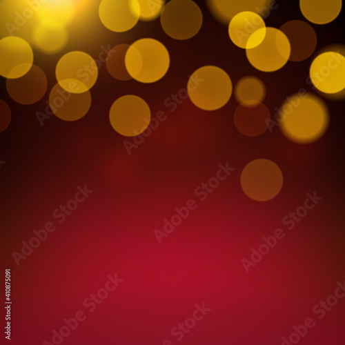 Dark red background with gold bokeh. Golden shine. Defocused blurred background. Copy space. Vector illustration