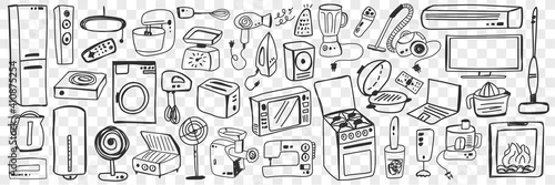 Various household appliance doodle set. Collection of hand drawn fan oven vacuum cleaner mixer washing machine microwave refrigerator blender sewing machine for home isolated on transparent background