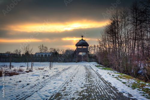 Beautiful sunset over the settlement of Trade Factory in Pruszcz Gdanski at winter, Poland. photo