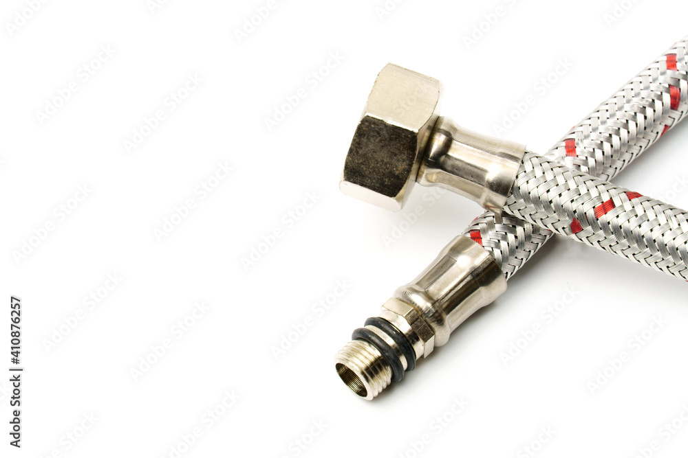Hose flexible metal braid on a white background Hose flexible metal braid on a white background