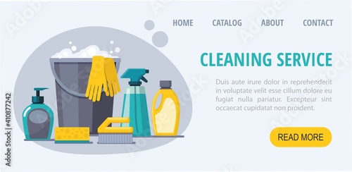 Cleaning service web banner. Spray, spong, brush, bucket.
